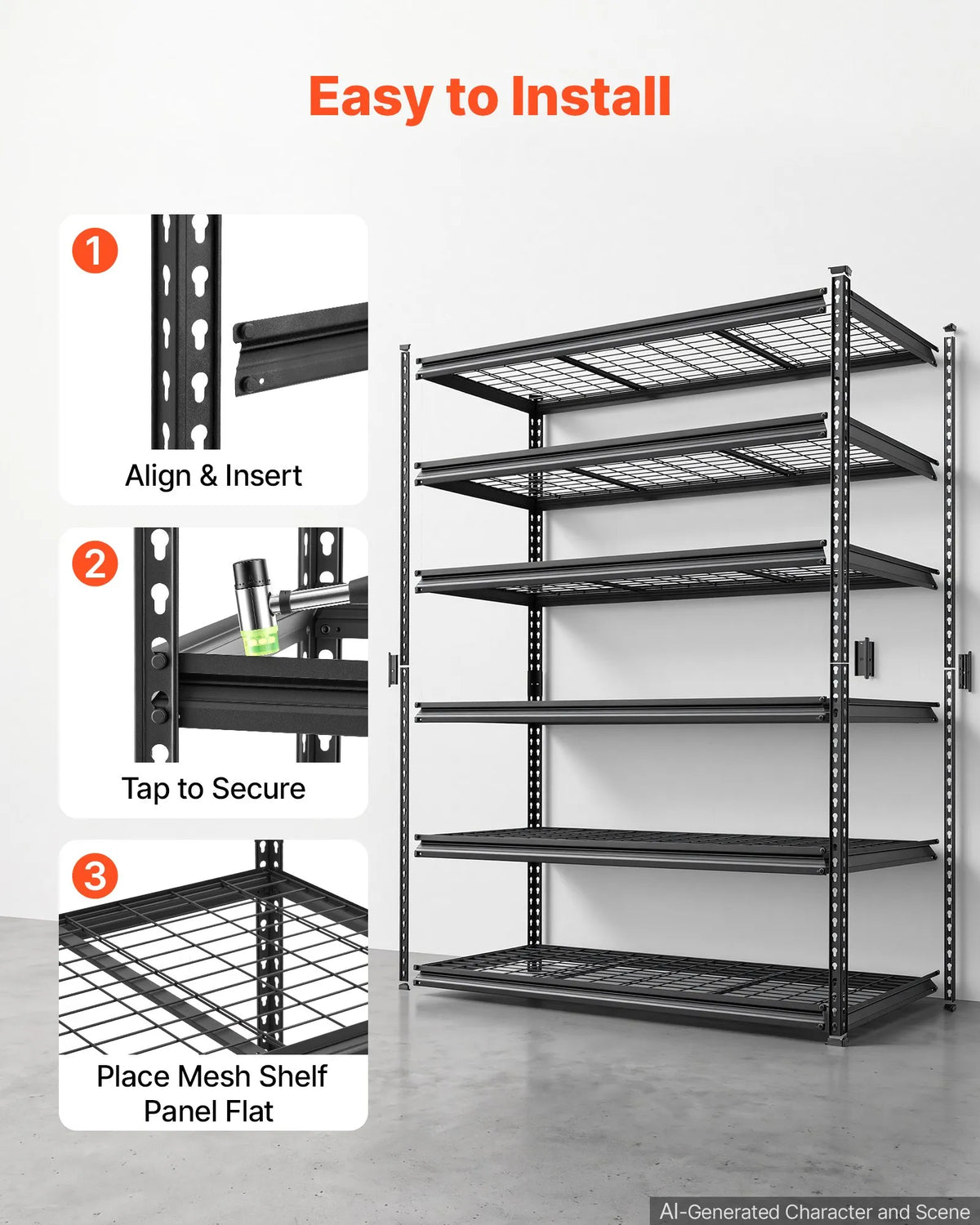 VEVOR 6 līmeņu metāla uzglabāšanas plaukts ar 1633 kg kopējo slodzi, 140 × 61,2 × 195,8 cm, regulējamiem plauktiem garāžai, noliktavai, pagrabam un virtuvei