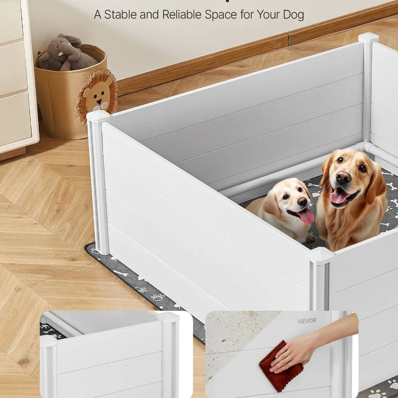 VEVOR suņu dzemdību kaste, 1524 × 1524 × 610 mm, PVC plastmasas kucēnu manēža ar regulējama augstuma durvīm un mazgājamu paklājiņu, pret deformāciju izturīga iekštelpām, īpaši lielu šķirņu suņiem, pienbalta krāsa - ZEMLETES.LV