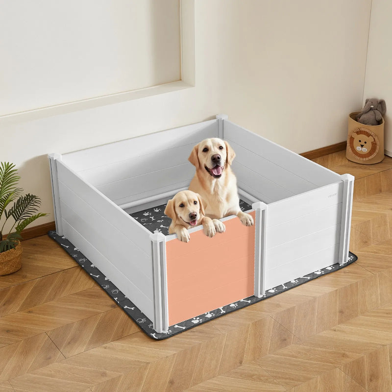 VEVOR suņu dzemdību kaste, 1524 × 1524 × 610 mm, PVC plastmasas kucēnu manēža ar regulējama augstuma durvīm un mazgājamu paklājiņu, pret deformāciju izturīga iekštelpām, īpaši lielu šķirņu suņiem, pienbalta krāsa - ZEMLETES.LV