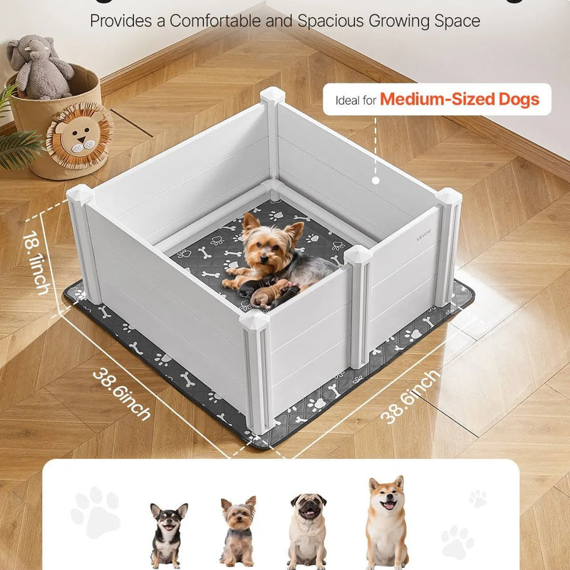 VEVOR suņu dzemdību kaste, 980 × 980 × 460 mm, PVC plastmasas kucēnu manēža ar regulējama augstuma durvīm un mazgājamu paklājiņu, pret deformāciju izturīga iekštelpām, vidēja izmēra suņiem, pienbalta krāsa - ZEMLETES.LV