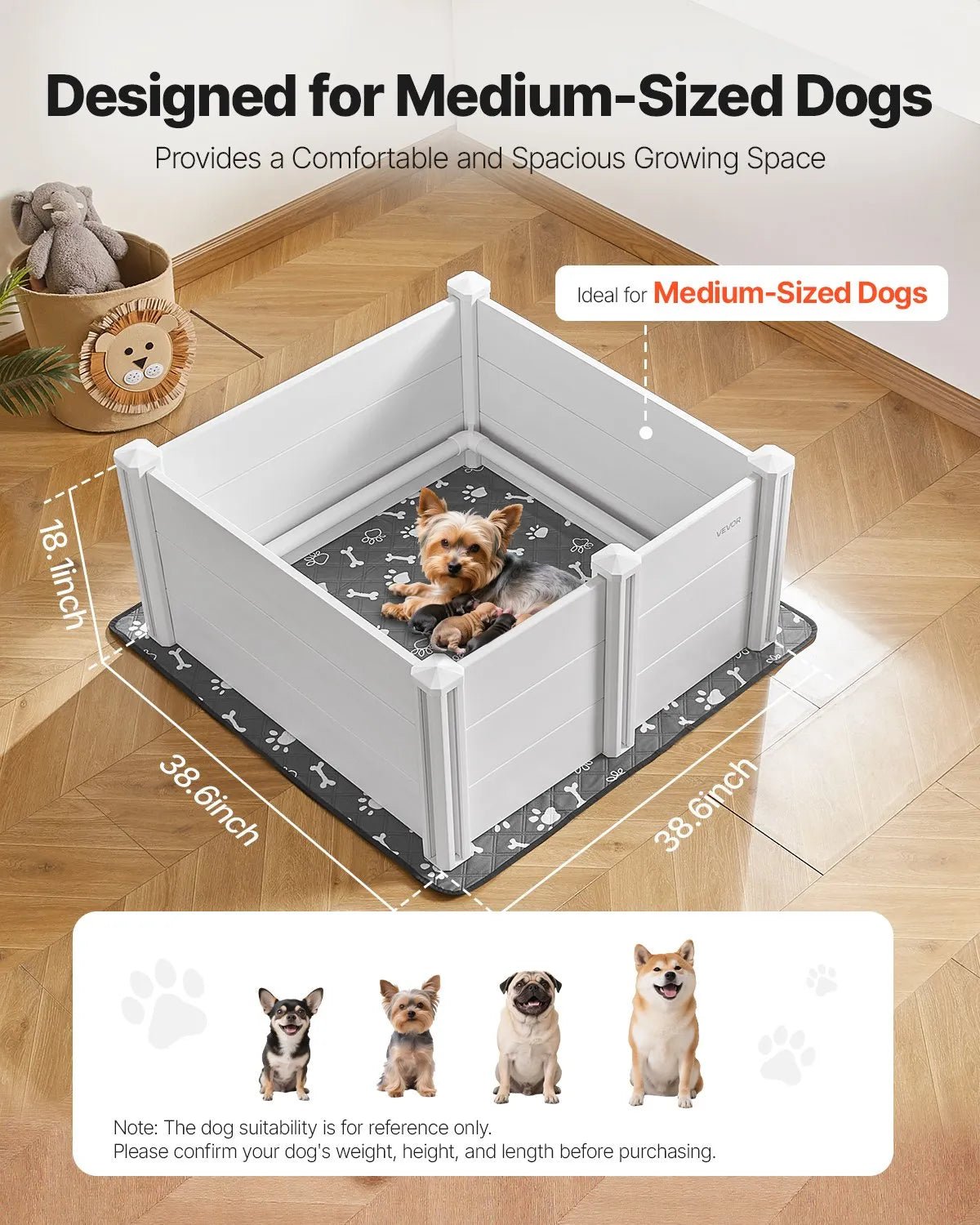VEVOR suņu dzemdību kaste, 980 × 980 × 460 mm, PVC plastmasas kucēnu manēža ar regulējama augstuma durvīm un mazgājamu paklājiņu, pret deformāciju izturīga iekštelpām, vidēja izmēra suņiem, pienbalta krāsa - ZEMLETES.LV