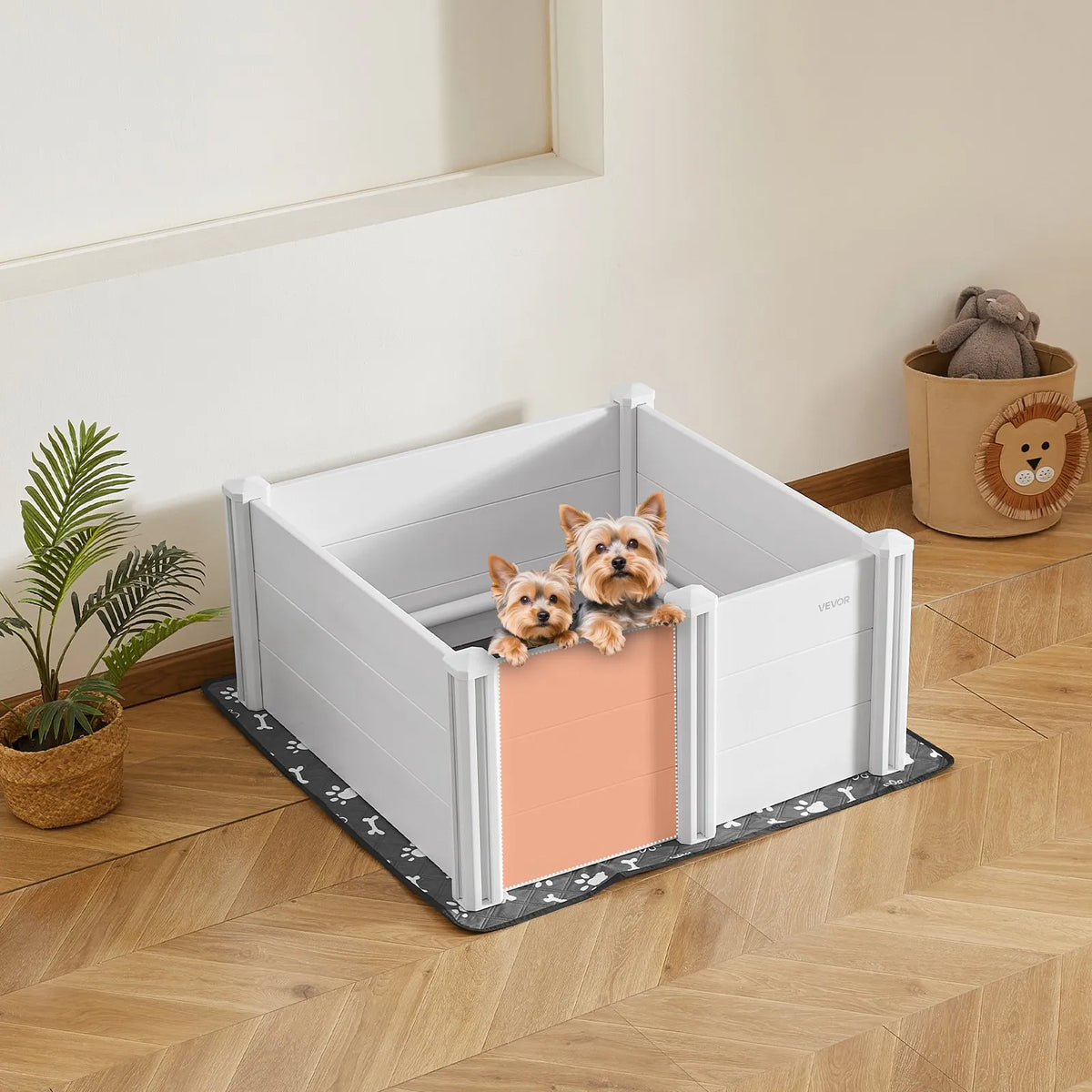VEVOR suņu dzemdību kaste, 980 × 980 × 460 mm, PVC plastmasas kucēnu manēža ar regulējama augstuma durvīm un mazgājamu paklājiņu, pret deformāciju izturīga iekštelpām, vidēja izmēra suņiem, pienbalta krāsa - ZEMLETES.LV