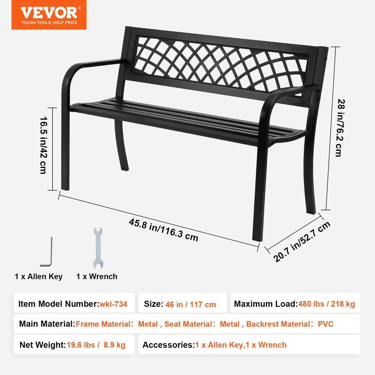 VEVOR 116,8 cm metallist aiapink välistingimustes kasutamiseks, kandevõime kuni 217,7 kg, pargi- ja terrassipink seljatoe ja käetugedega, sobib aeda, parki, hoovi ja verandale