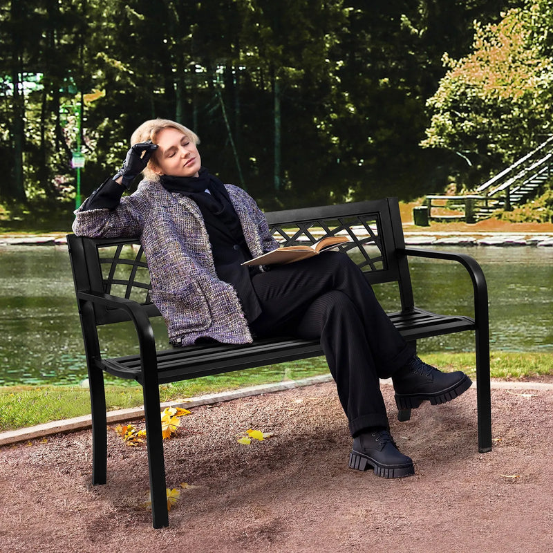 VEVOR 116,8 cm metāla dārza sols āra lietošanai, nestspēja līdz 217,7 kg, parka un terases sols ar atzveltni un roku balstiem, piemērots dārzam, parkam, pagalmam un verandai