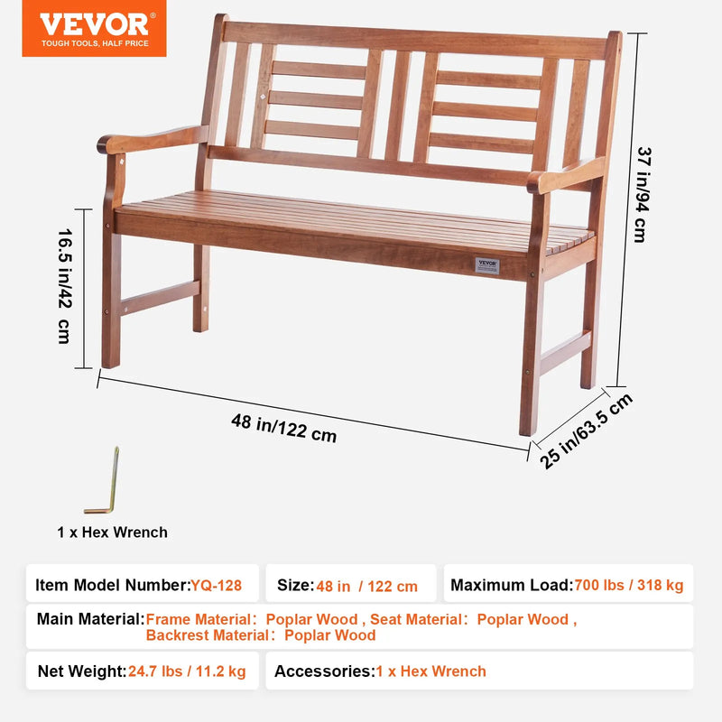 VEVOR 121,9 cm koka dārza sols āra lietošanai, nestspēja līdz 317,5 kg, parka un terases sols dārzam, pagalmam un verandai