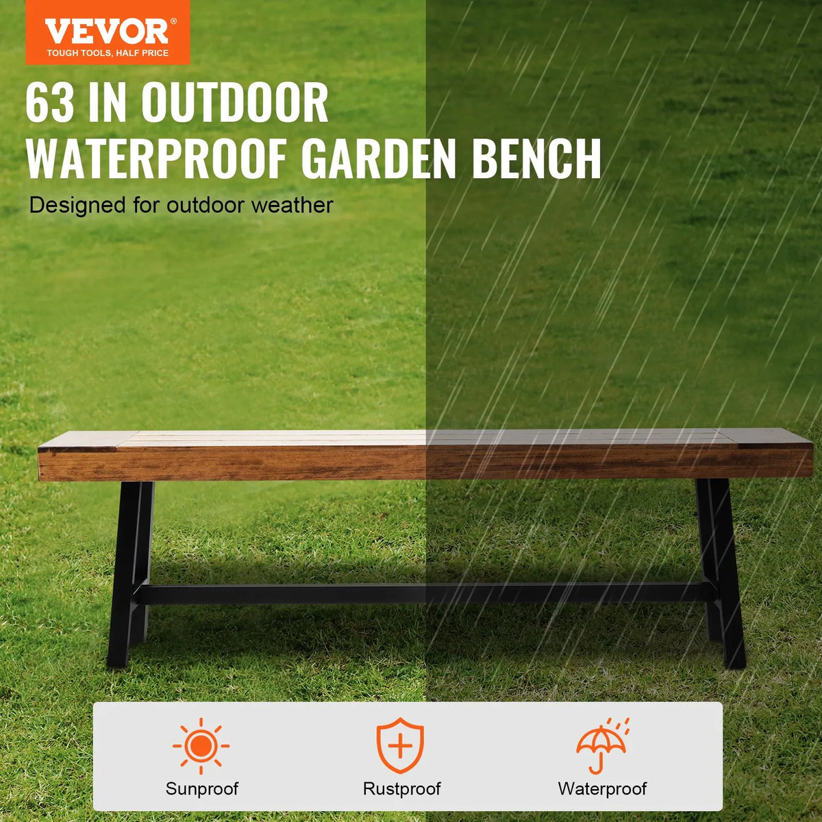 VEVOR 160 cm Wooden Garden Bench with Metal Legs for Outdoor Use, Load Capacity up to 227 kg, Park and Patio Bench for Garden, Yard and Veranda