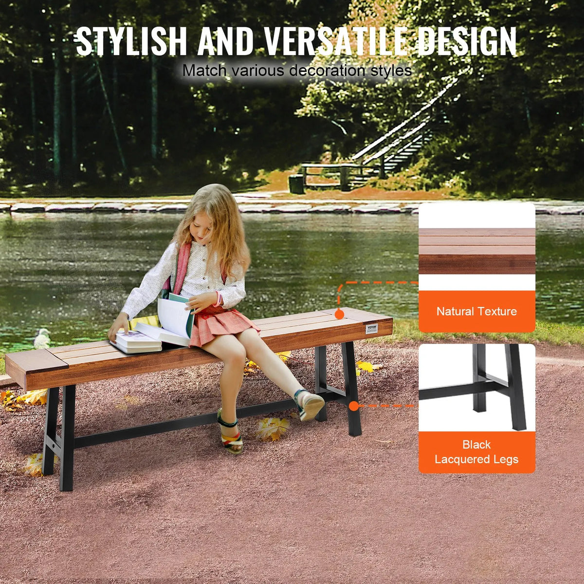 VEVOR 160 cm Wooden Garden Bench with Metal Legs for Outdoor Use, Load Capacity up to 227 kg, Park and Patio Bench for Garden, Yard and Veranda