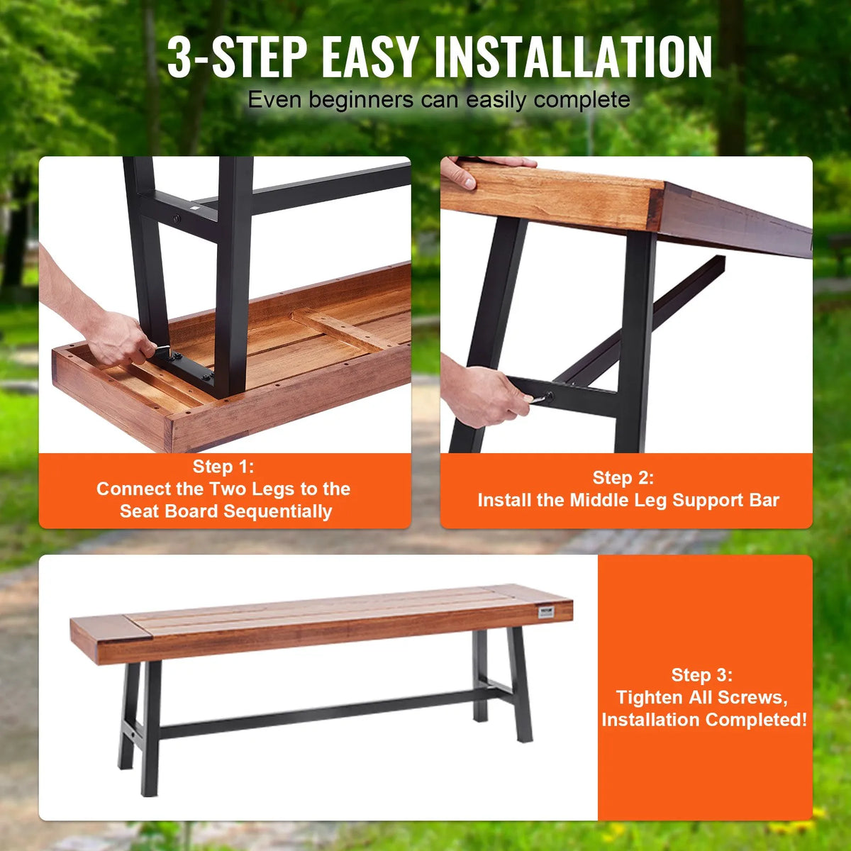 VEVOR 160 cm Wooden Garden Bench with Metal Legs for Outdoor Use, Load Capacity up to 227 kg, Park and Patio Bench for Garden, Yard and Veranda