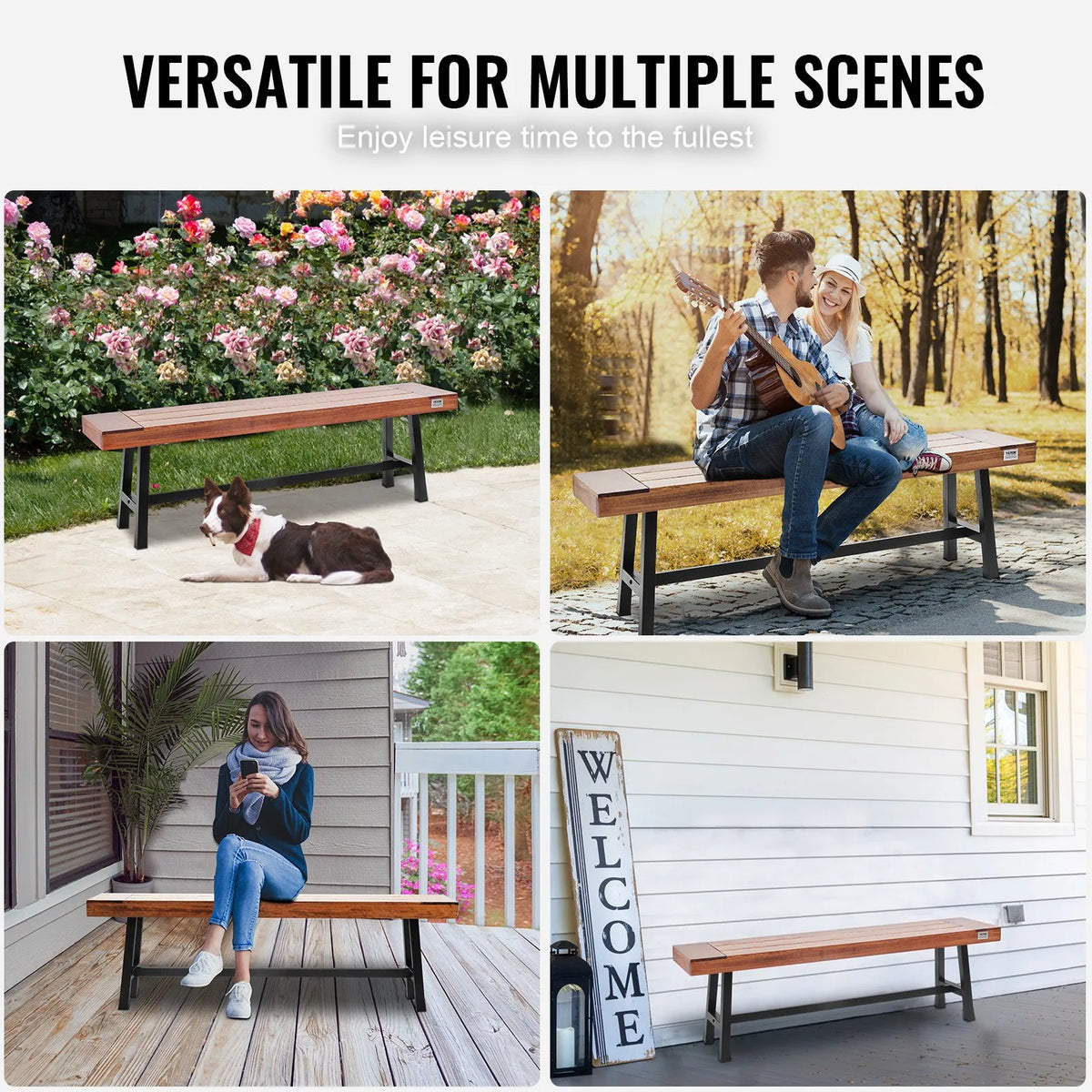 VEVOR 160 cm Wooden Garden Bench with Metal Legs for Outdoor Use, Load Capacity up to 227 kg, Park and Patio Bench for Garden, Yard and Veranda