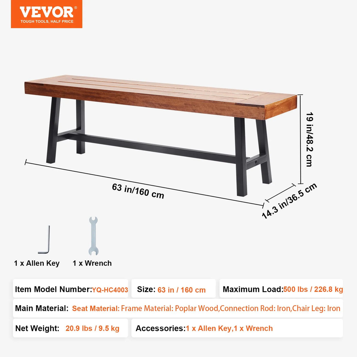 VEVOR 160 cm Wooden Garden Bench with Metal Legs for Outdoor Use, Load Capacity up to 227 kg, Park and Patio Bench for Garden, Yard and Veranda