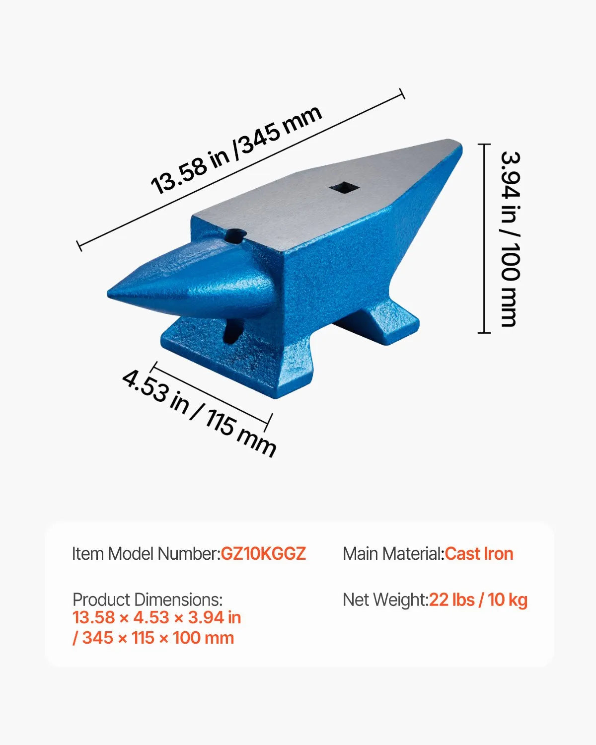 VEVOR Unicorn Steel Anvil 10 kg with Round and Square Hole for Metalworking and Forging
