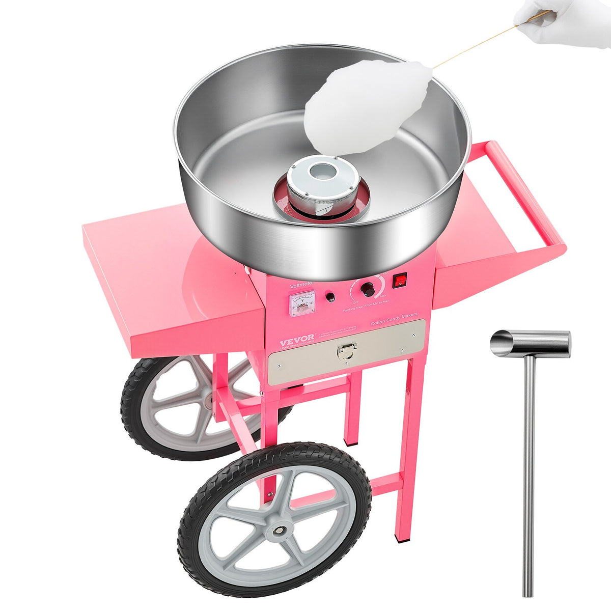 VEVOR suhkruvatimasin 1000 W käru, 52 cm kausi ja sahtliga, roosa