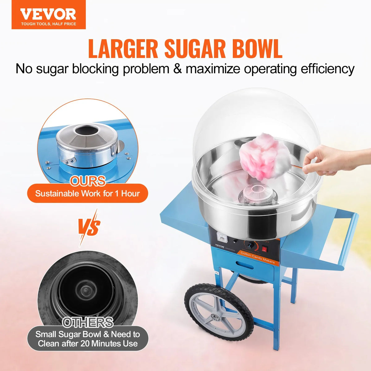 VEVOR Candy Floss Machine 1000 W with Trolley, Cover, Stainless Steel Bowl and Drawer, Blue