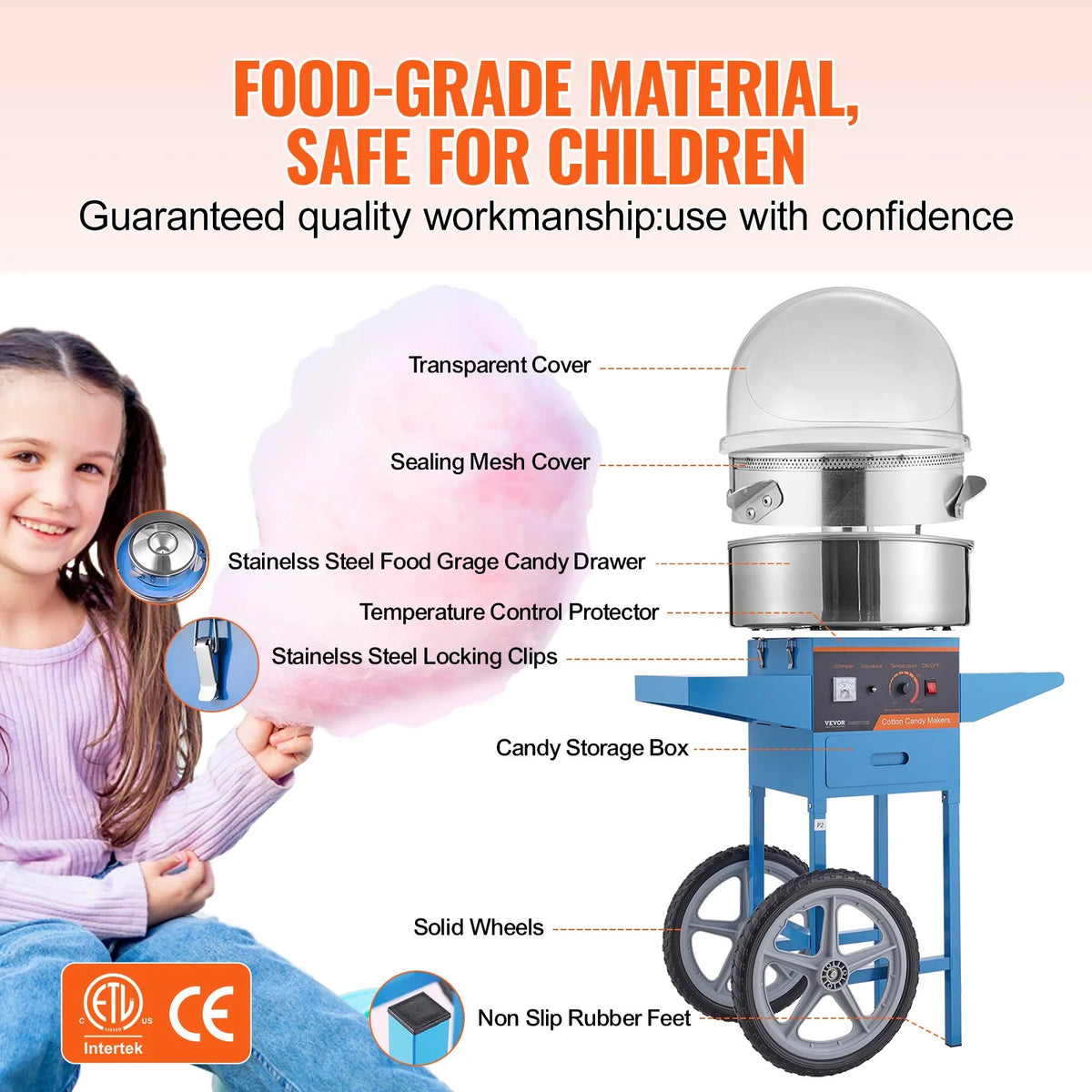 VEVOR Candy Floss Machine 1000 W with Trolley, Cover, Stainless Steel Bowl and Drawer, Blue