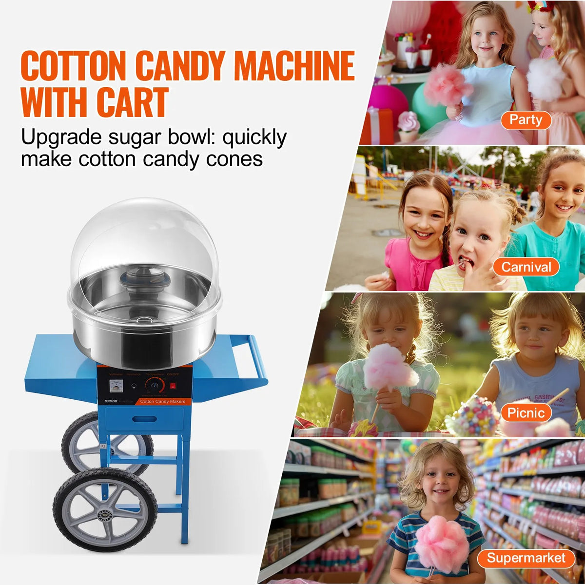 VEVOR Candy Floss Machine 1000 W with Trolley, Cover, Stainless Steel Bowl and Drawer, Blue