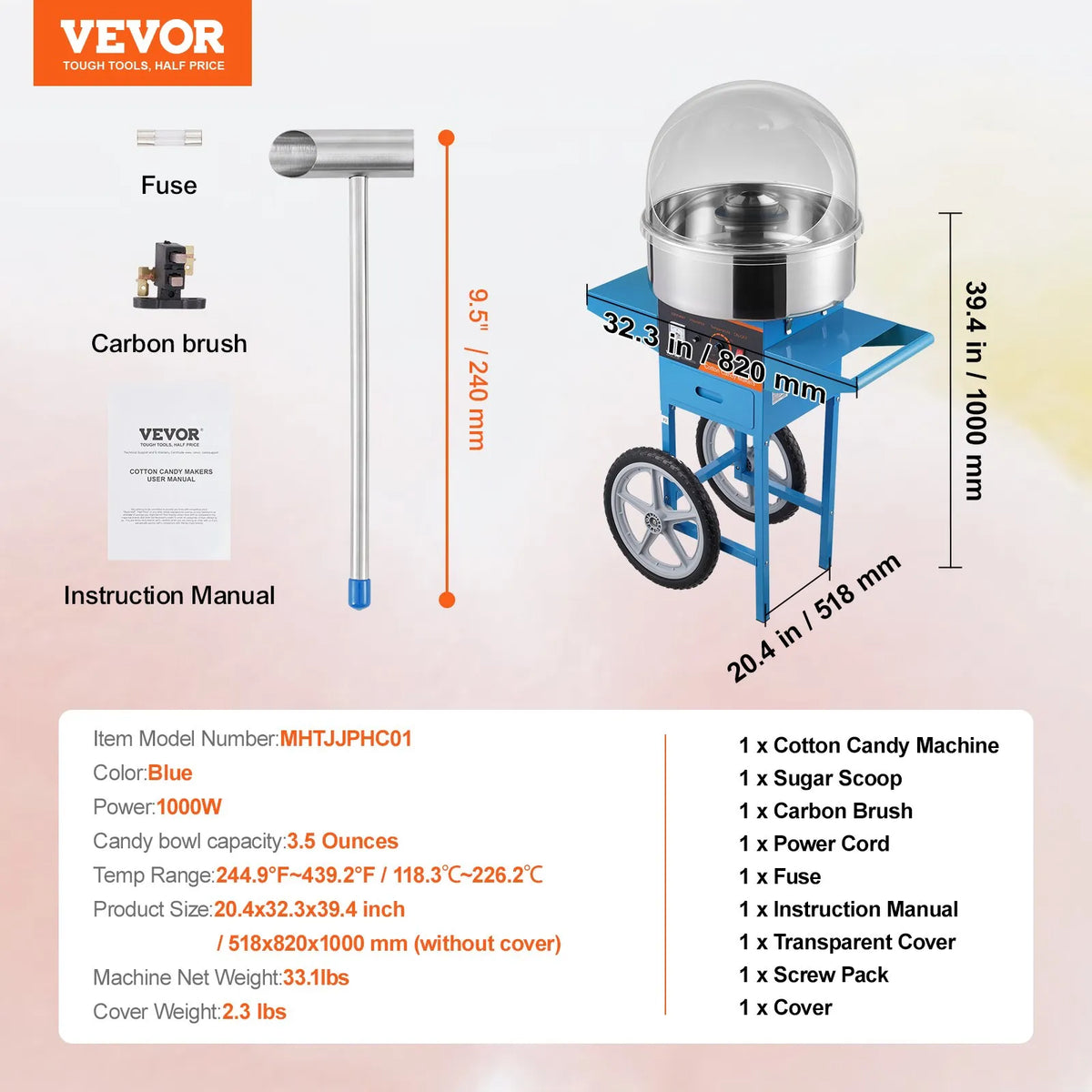 VEVOR Candy Floss Machine 1000 W with Trolley, Cover, Stainless Steel Bowl and Drawer, Blue