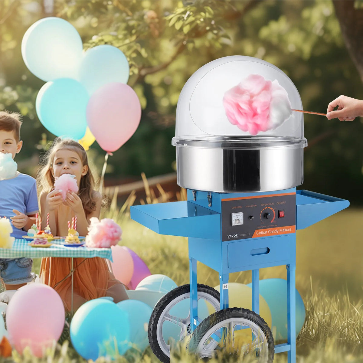 VEVOR Candy Floss Machine 1000 W with Trolley, Cover, Stainless Steel Bowl and Drawer, Blue