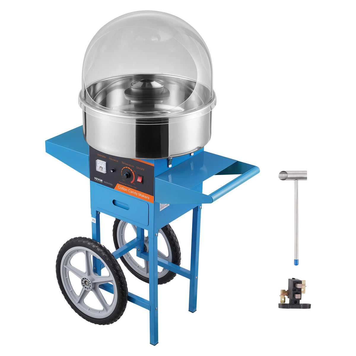 VEVOR Candy Floss Machine 1000 W with Trolley, Cover, Stainless Steel Bowl and Drawer, Blue