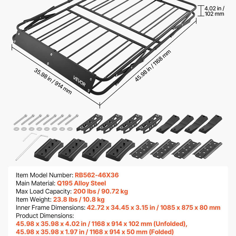 VEVOR jumta bagāžas grozs 1168 × 914 × 102 mm, salokāms smagas slodzes jumta bagāžas turētājs, kravnesība 90,72 kg, visiem laikapstākļiem piemērots, viegli uzstādāms, universāls SUV un kravas automašīnām