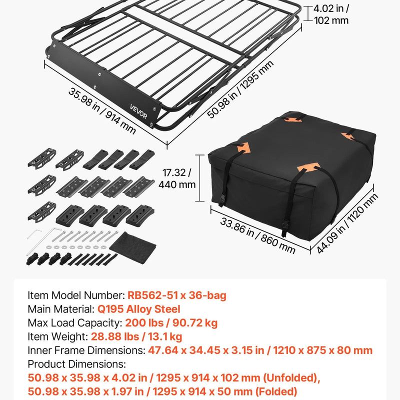 VEVOR jumta bagāžas grozs 1295 × 914 × 102 mm, salokāms smagas slodzes jumta bagāžas turētājs, kravnesība 90,72 kg, visiem laikapstākļiem piemērots, viegli uzstādāms, universāls SUV un kravas automašīnām
