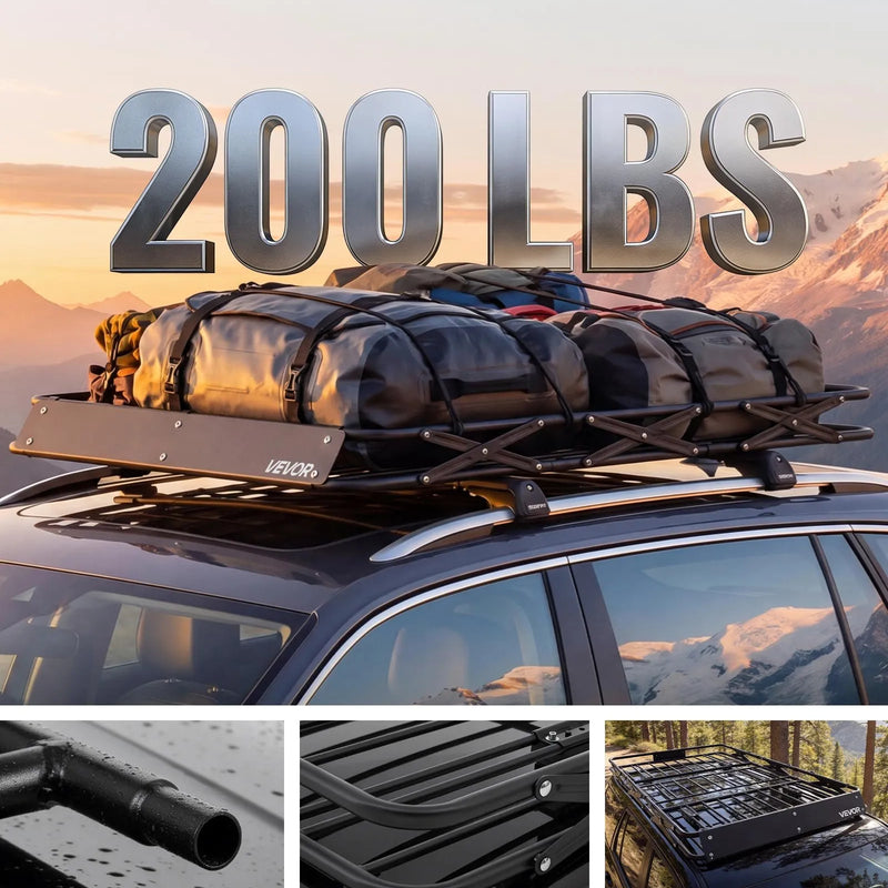 VEVOR jumta bagāžas grozs 1626 × 990 × 102 mm, salokāms smagas slodzes jumta bagāžas turētājs, kravnesība 90,72 kg, visiem laikapstākļiem piemērots, viegli uzstādāms, universāls SUV un kravas automašīnām