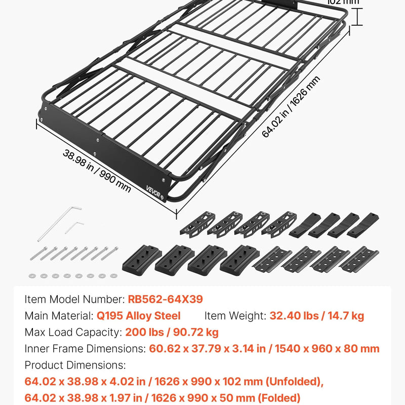 VEVOR jumta bagāžas grozs 1626 × 990 × 102 mm, salokāms smagas slodzes jumta bagāžas turētājs, kravnesība 90,72 kg, visiem laikapstākļiem piemērots, viegli uzstādāms, universāls SUV un kravas automašīnām