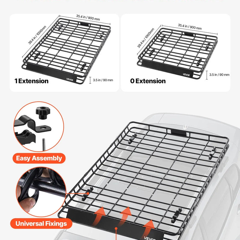 VEVOR 1209-4 jumta kravas grozs, 1630 × 1270 × 105 mm, 68 kg, universāls auto jumta bagāžnieks, 2 kravas tīkli 900 × 1000 mm, 105 mm mala, leģētais tērauds, SUV un auto