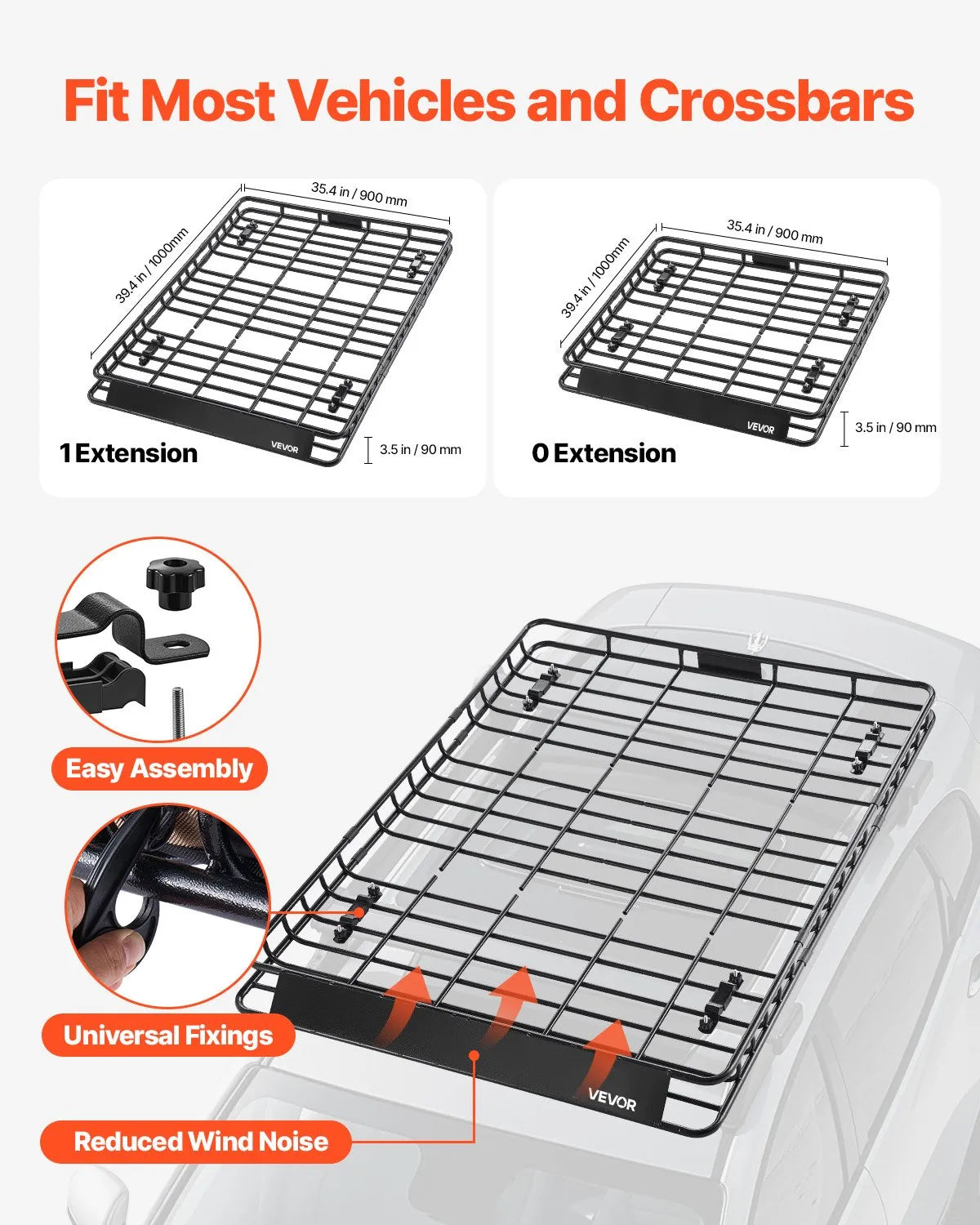 VEVOR 1209-4 Roof Cargo Basket, 1630 × 1270 × 105 mm, 68 kg, Universal Car Roof Rack, 2 Cargo Nets 900 × 1000 mm, 105 mm Edge, Alloy Steel, SUV and Car