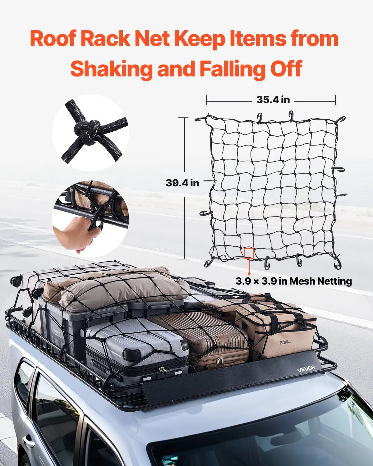 VEVOR 1209-4 Roof Cargo Basket, 1630 × 1270 × 105 mm, 68 kg, Universal Car Roof Rack, 2 Cargo Nets 900 × 1000 mm, 105 mm Edge, Alloy Steel, SUV and Car