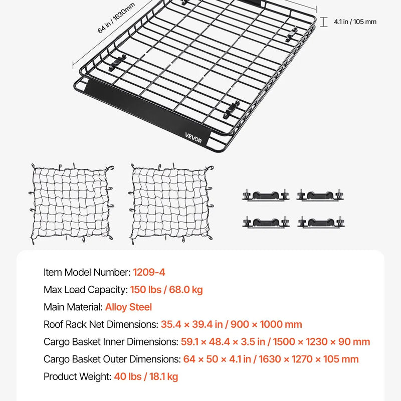 VEVOR 1209-4 jumta kravas grozs, 1630 × 1270 × 105 mm, 68 kg, universāls auto jumta bagāžnieks, 2 kravas tīkli 900 × 1000 mm, 105 mm mala, leģētais tērauds, SUV un auto