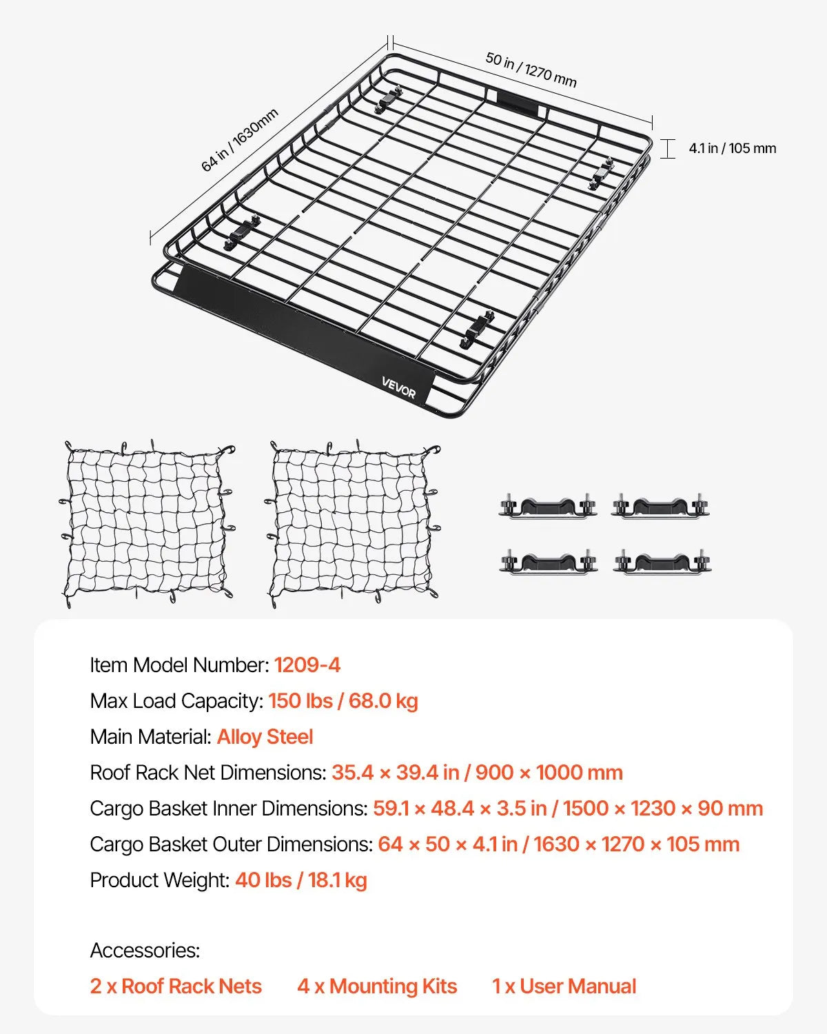 VEVOR 1209-4 Roof Cargo Basket, 1630 × 1270 × 105 mm, 68 kg, Universal Car Roof Rack, 2 Cargo Nets 900 × 1000 mm, 105 mm Edge, Alloy Steel, SUV and Car
