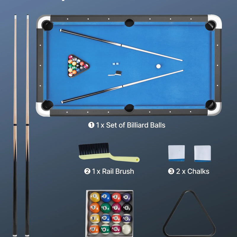 VEVOR biljarda galds 213 cm, pārnēsājams galds ar regulējamām kājām, komplektā bumbas, kijas, trijstūris, krīts un birste, melns ar zilu audumu, piemērots ģimenes atpūtas telpai