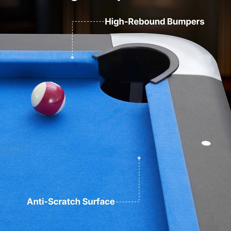 VEVOR biljarda galds 213 cm, pārnēsājams galds ar regulējamām kājām, komplektā bumbas, kijas, trijstūris, krīts un birste, melns ar zilu audumu, piemērots ģimenes atpūtas telpai