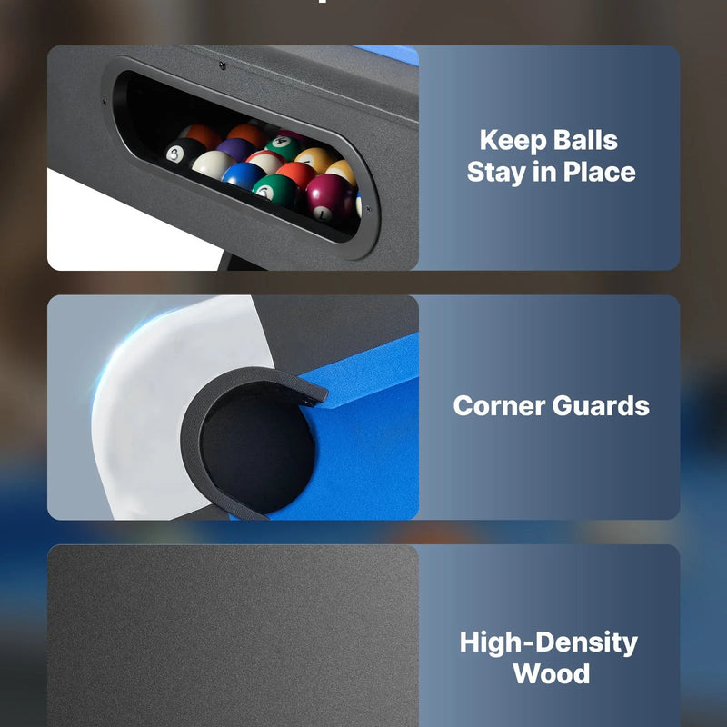 VEVOR biljarda galds 213 cm, pārnēsājams galds ar regulējamām kājām, komplektā bumbas, kijas, trijstūris, krīts un birste, melns ar zilu audumu, piemērots ģimenes atpūtas telpai
