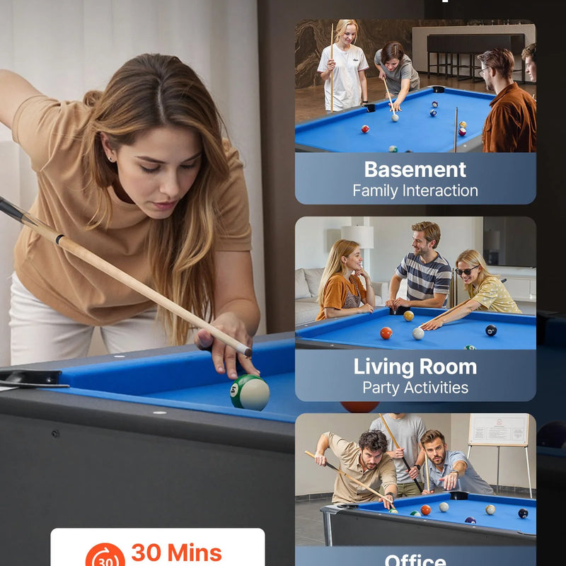 VEVOR biljarda galds 213 cm, pārnēsājams galds ar regulējamām kājām, komplektā bumbas, kijas, trijstūris, krīts un birste, melns ar zilu audumu, piemērots ģimenes atpūtas telpai