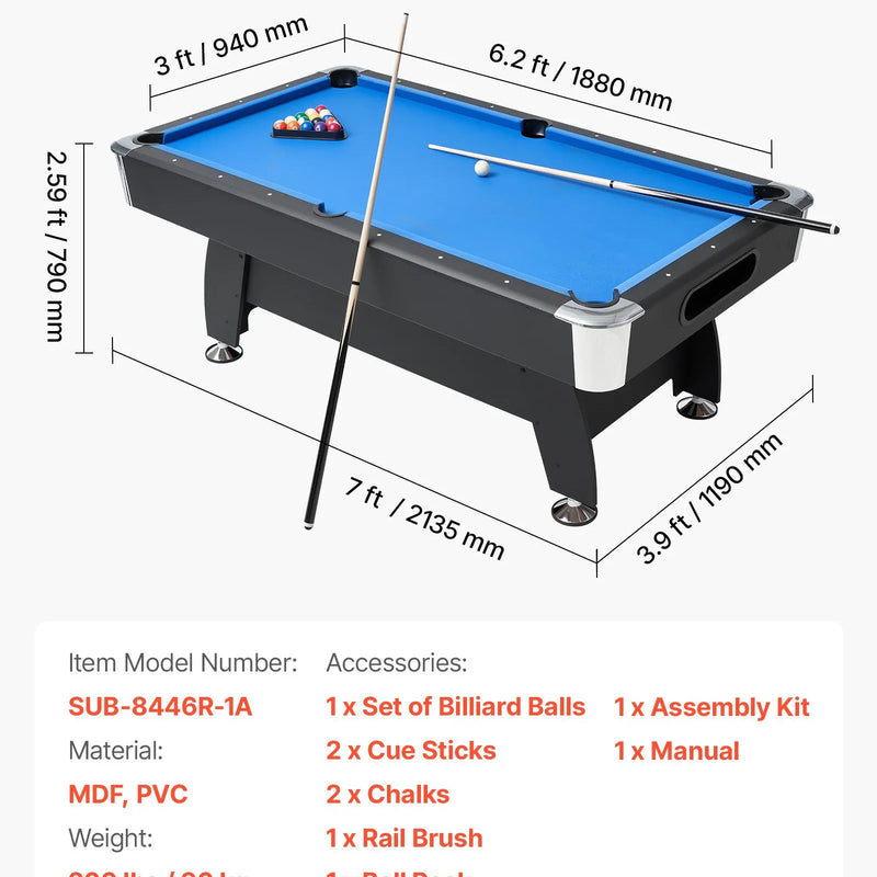 VEVOR biljarda galds 213 cm, pārnēsājams galds ar regulējamām kājām, komplektā bumbas, kijas, trijstūris, krīts un birste, melns ar zilu audumu, piemērots ģimenes atpūtas telpai