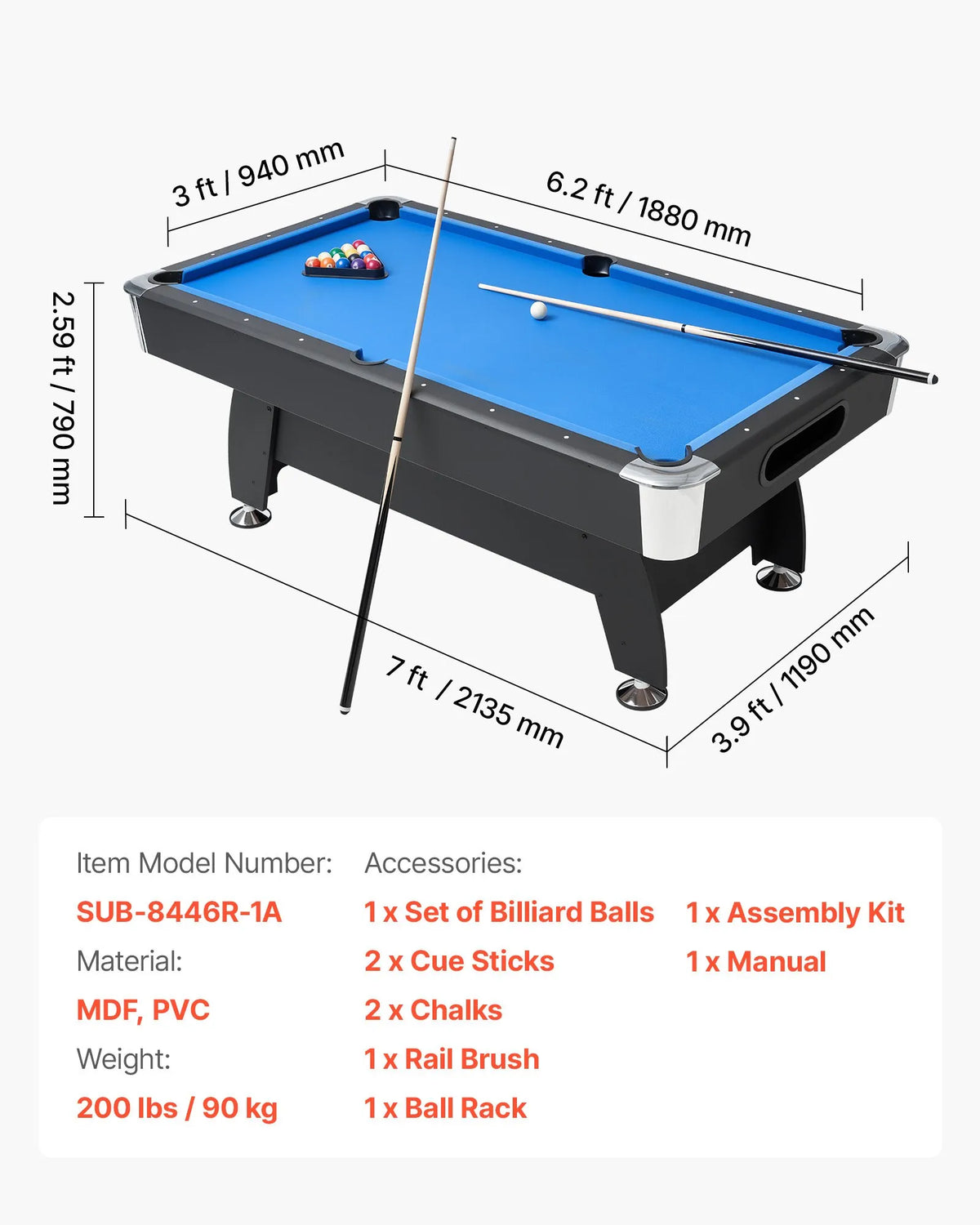 VEVOR biljarda galds 213 cm, pārnēsājams galds ar regulējamām kājām, komplektā bumbas, kijas, trijstūris, krīts un birste, melns ar zilu audumu, piemērots ģimenes atpūtas telpai - ZEMLETES.LV