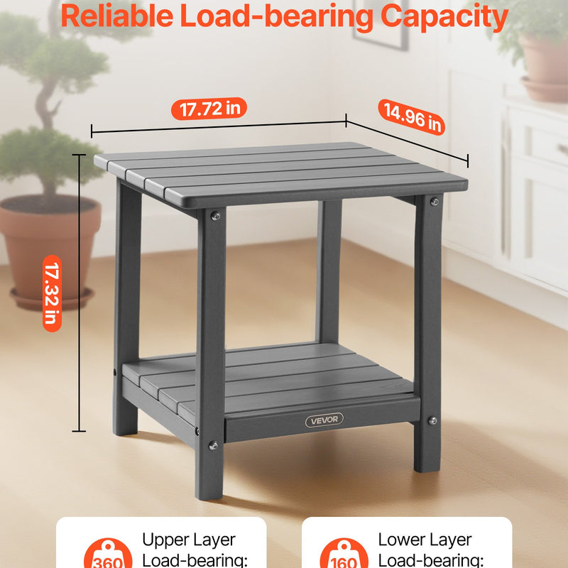 VEVOR āra sānu galds 450 × 380 × 440 mm, divslāņu HDPE konstrukcija, viegli kopjams, izturīgs pret skarbiem laikapstākļiem, piemērots terasei, baseinam, pludmalei, lievenim, pagalmam un iekštelpām, pelēks