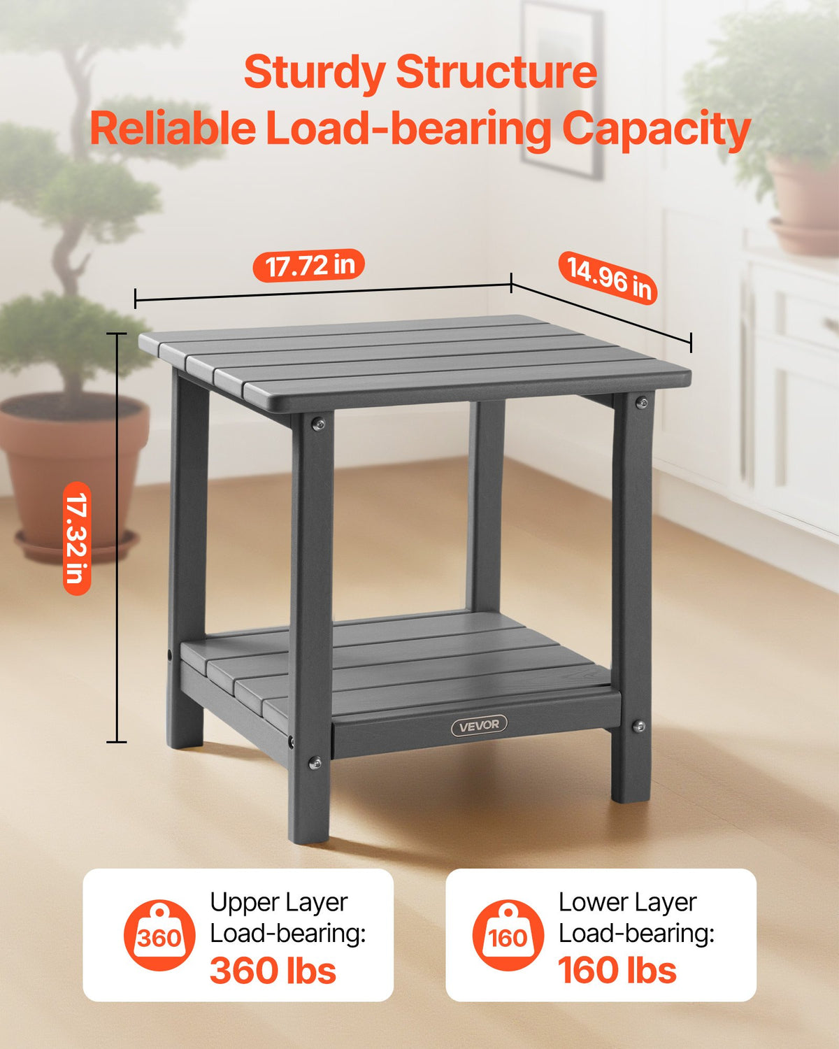 VEVOR Outdoor Side Table 450 × 380 × 440 mm, Dual-Layer HDPE Construction, Easy to Clean, Weather Resistant, Suitable for Terrace, Pool, Beach, Patio, Garden and Indoor Use, Grey