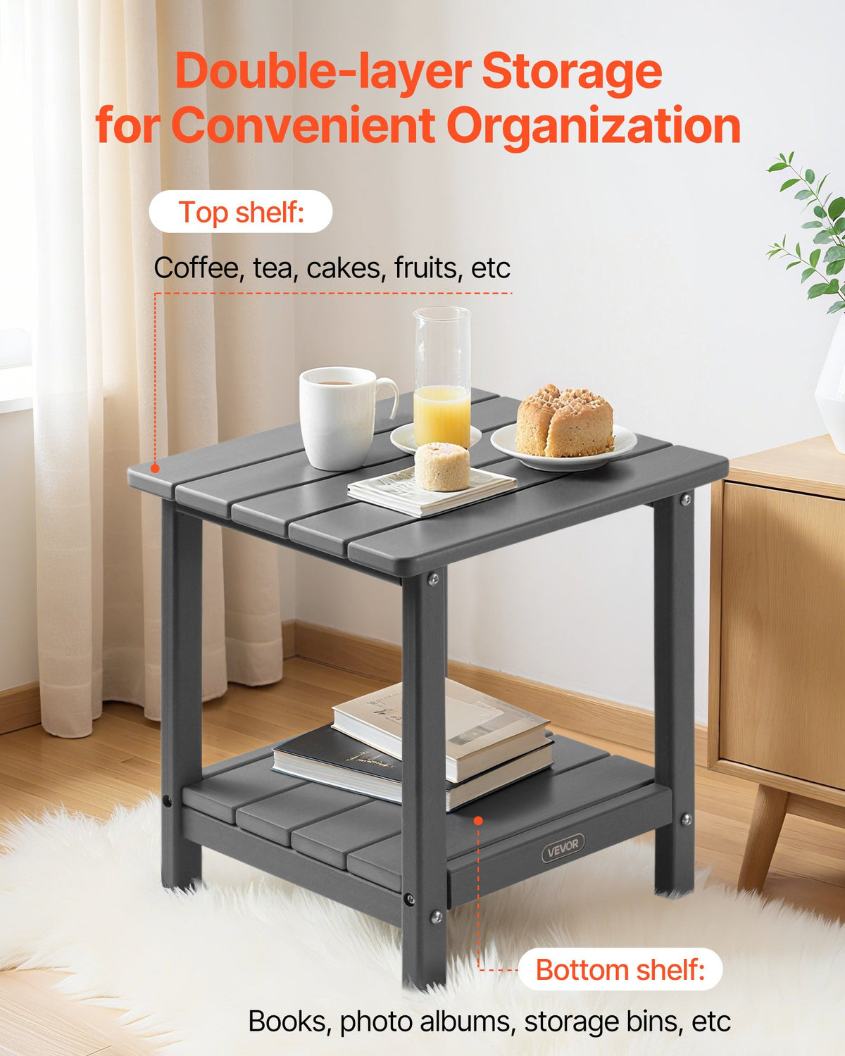 VEVOR Outdoor Side Table 450 × 380 × 440 mm, Dual-Layer HDPE Construction, Easy to Clean, Weather Resistant, Suitable for Terrace, Pool, Beach, Patio, Garden and Indoor Use, Grey