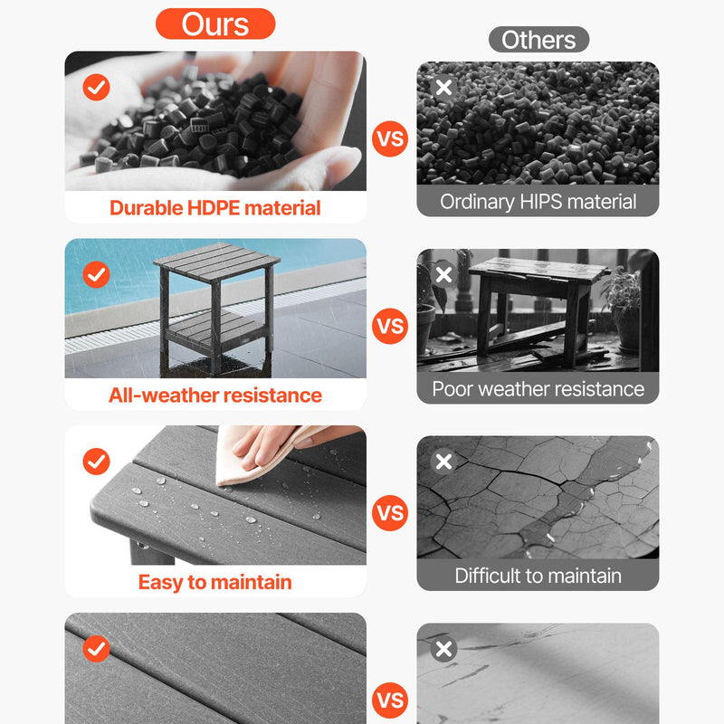 VEVOR āra sānu galds 450 × 380 × 440 mm, divslāņu HDPE konstrukcija, viegli kopjams, izturīgs pret skarbiem laikapstākļiem, piemērots terasei, baseinam, pludmalei, lievenim, pagalmam un iekštelpām, pelēks