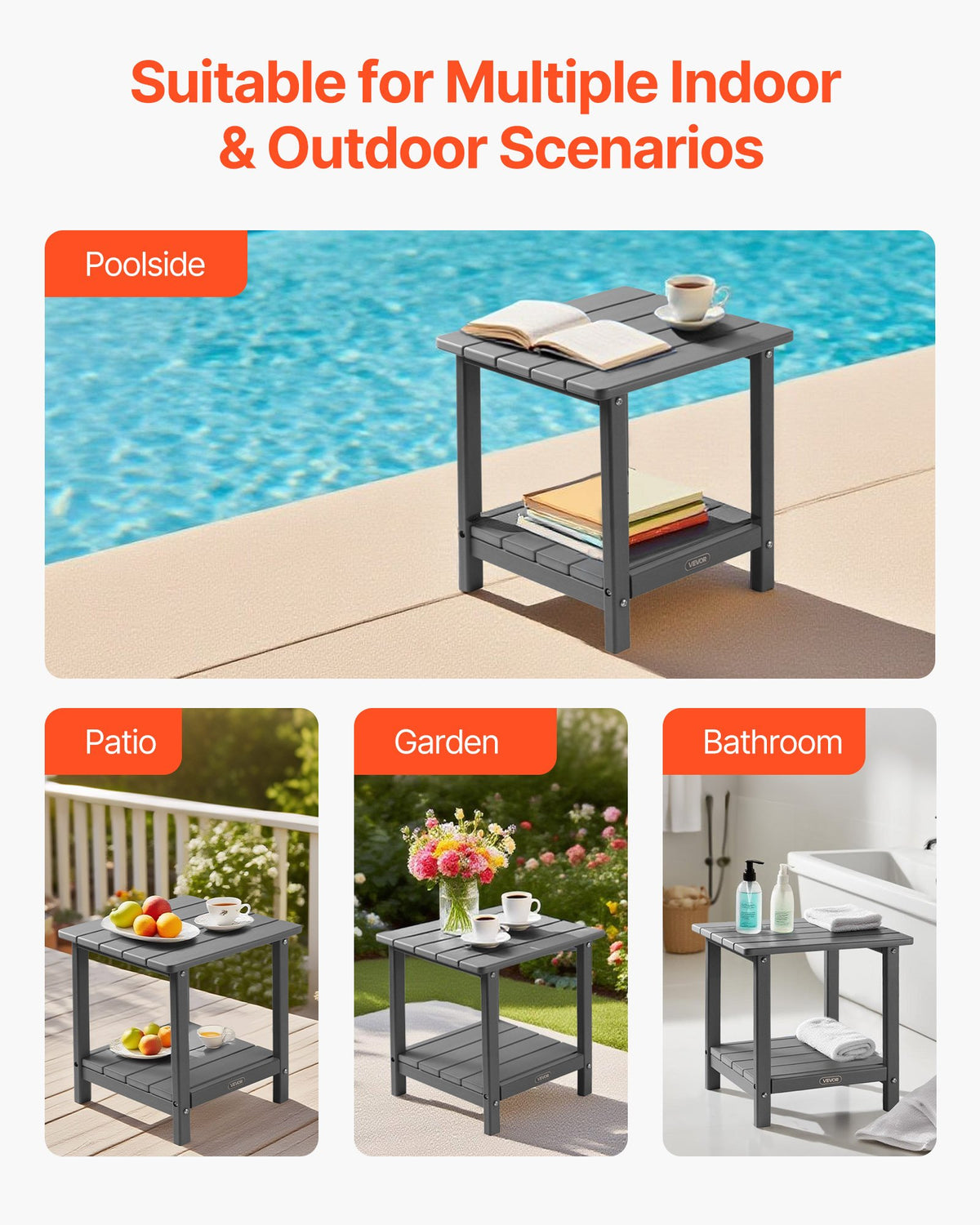 VEVOR Outdoor Side Table 450 × 380 × 440 mm, Dual-Layer HDPE Construction, Easy to Clean, Weather Resistant, Suitable for Terrace, Pool, Beach, Patio, Garden and Indoor Use, Black