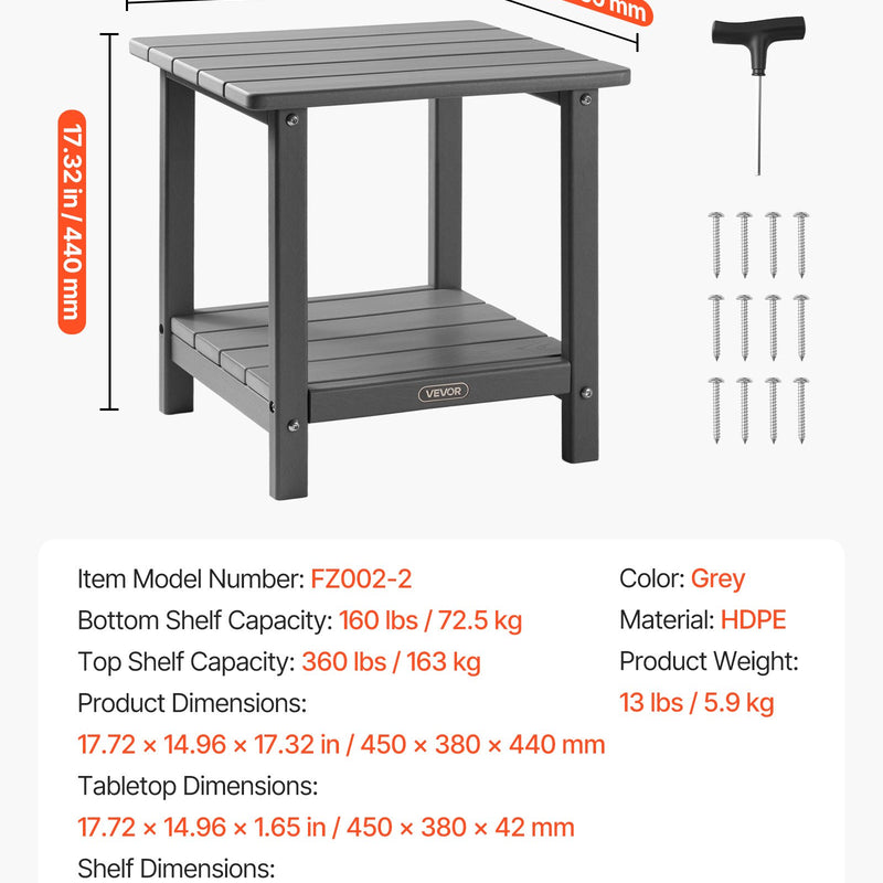 VEVOR āra sānu galds 450 × 380 × 440 mm, divslāņu HDPE konstrukcija, viegli kopjams, izturīgs pret skarbiem laikapstākļiem, piemērots terasei, baseinam, pludmalei, lievenim, pagalmam un iekštelpām, pelēks