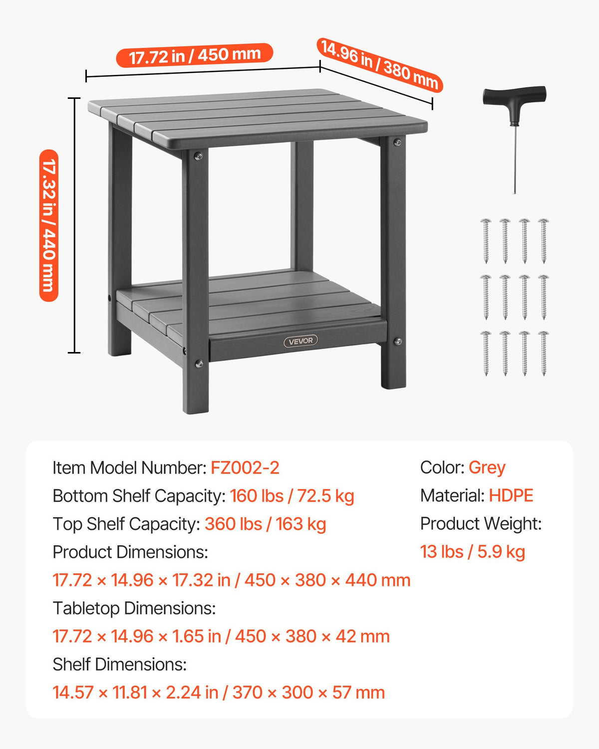 VEVOR Outdoor Side Table 450 × 380 × 440 mm, Dual-Layer HDPE Construction, Easy to Clean, Weather Resistant, Suitable for Terrace, Pool, Beach, Patio, Garden and Indoor Use, Grey