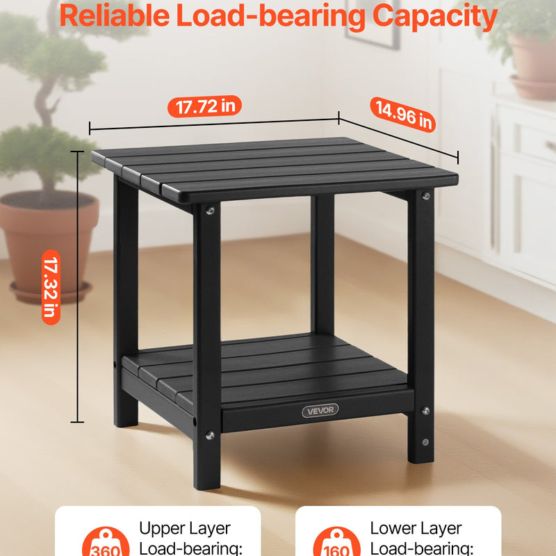 VEVOR āra sānu galds 450 × 380 × 440 mm, divslāņu HDPE konstrukcija, viegli kopjams, izturīgs pret skarbiem laikapstākļiem, piemērots terasei, baseinam, pludmalei, lievenim, pagalmam un iekštelpām, melns