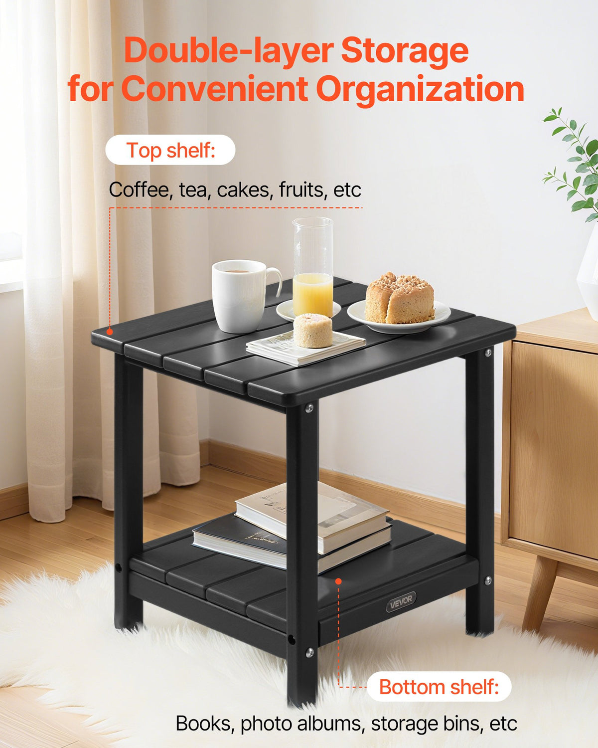 VEVOR Outdoor Side Table 450 × 380 × 440 mm, Dual-Layer HDPE Construction, Easy to Clean, Weather Resistant, Suitable for Terrace, Pool, Beach, Patio, Garden and Indoor Use, Black