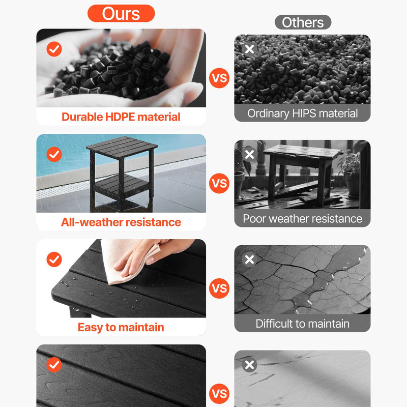 VEVOR āra sānu galds 450 × 380 × 440 mm, divslāņu HDPE konstrukcija, viegli kopjams, izturīgs pret skarbiem laikapstākļiem, piemērots terasei, baseinam, pludmalei, lievenim, pagalmam un iekštelpām, melns