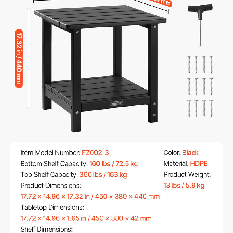 VEVOR āra sānu galds 450 × 380 × 440 mm, divslāņu HDPE konstrukcija, viegli kopjams, izturīgs pret skarbiem laikapstākļiem, piemērots terasei, baseinam, pludmalei, lievenim, pagalmam un iekštelpām, melns
