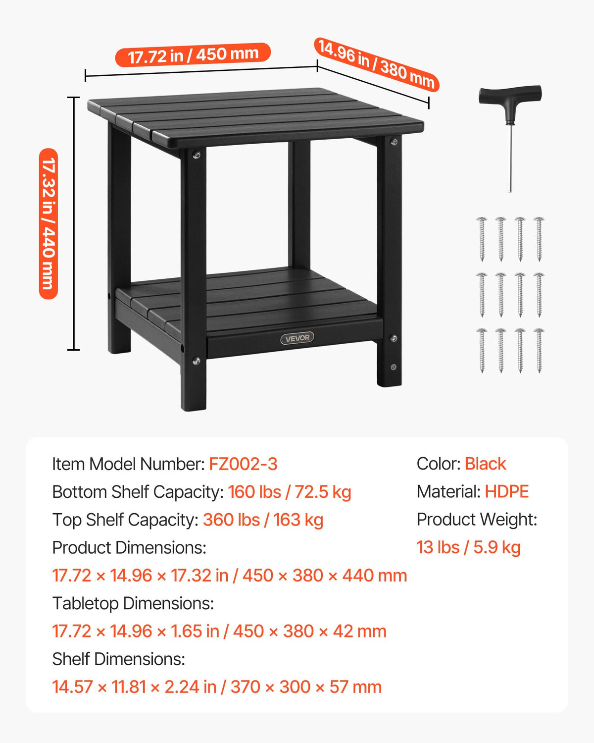 VEVOR Outdoor Side Table 450 × 380 × 440 mm, Dual-Layer HDPE Construction, Easy to Clean, Weather Resistant, Suitable for Terrace, Pool, Beach, Patio, Garden and Indoor Use, Black