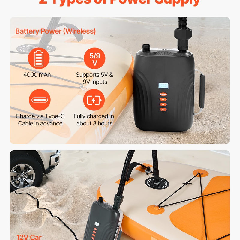VEVOR SUP dēļa sūknis 20 PSI ar akumulatoru, divpakāpju piepūšanu un iztukšošanu, automātisku izslēgšanos un 12 V DC auto pieslēgumu piepūšamām laivām, teltīm un matračiem - ZEMLETES.LV